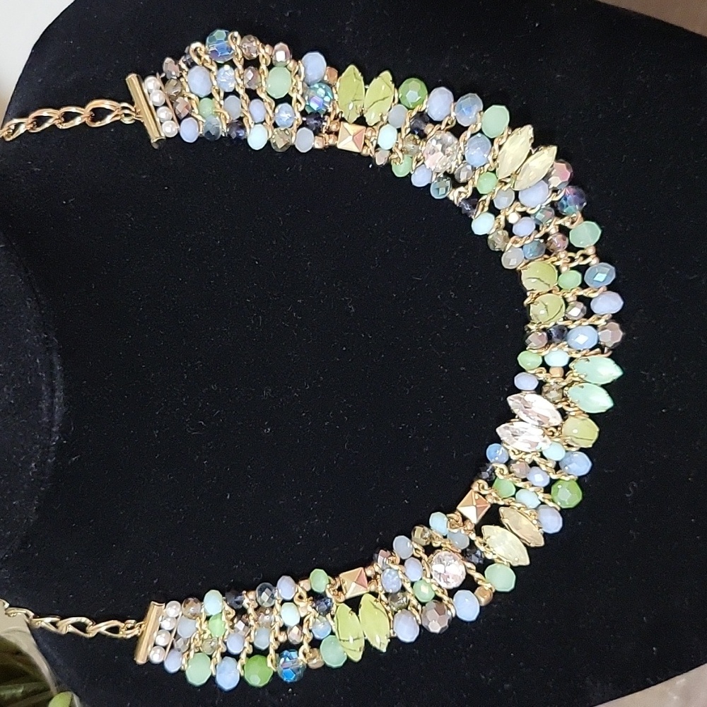 Blue and Green AB Crystal & Prong Set Beaded Bibb Necklace - Picture 3 of 5